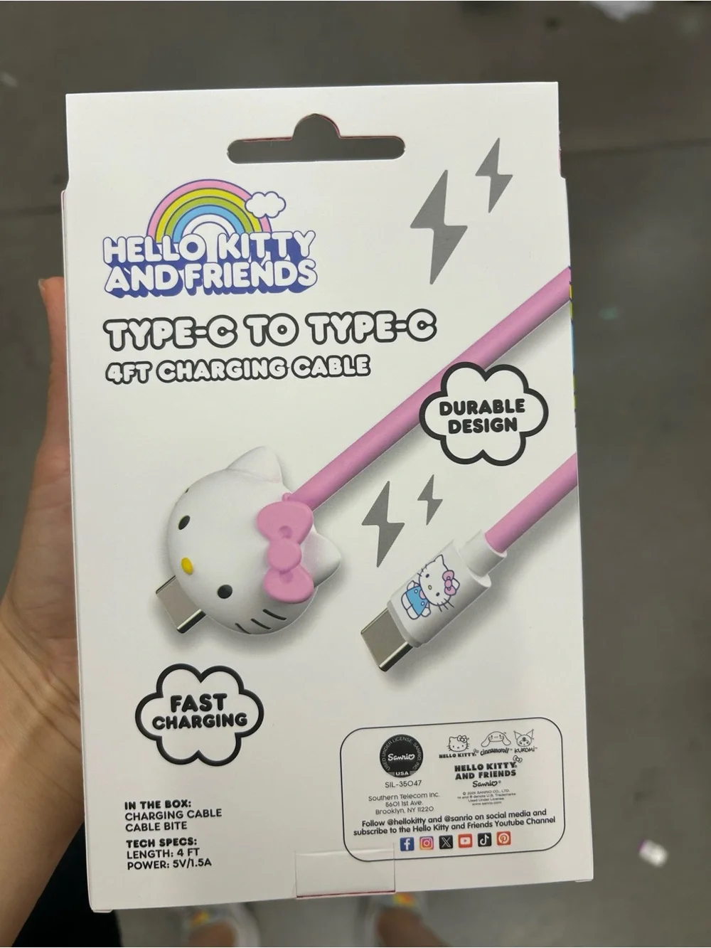 NWT Hello Kitty Type-C to Type-C Pink 4ft Charging Cable